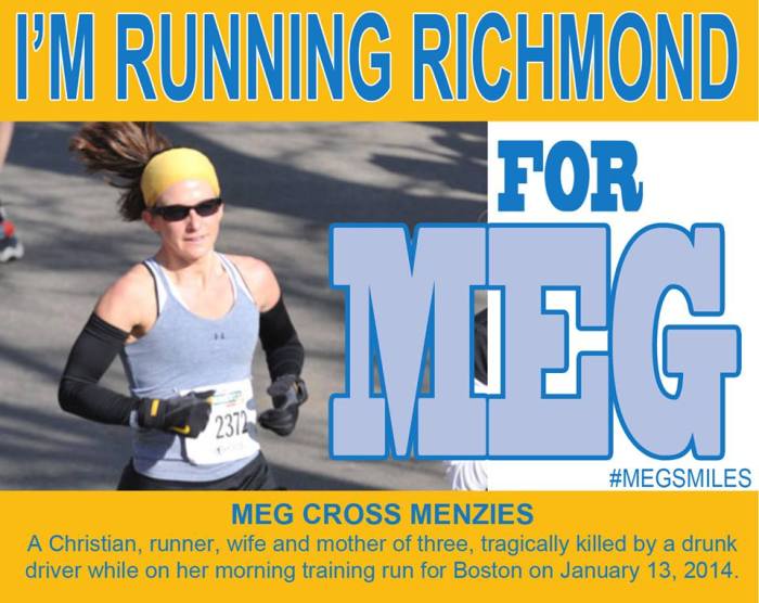 The back bib that MegsMiles members will wear at the Richmond 8K, Half Marathon and Marathon on November 14, 2015.